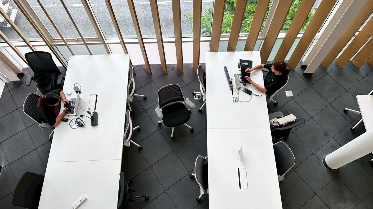Overhead view of the coworking desks