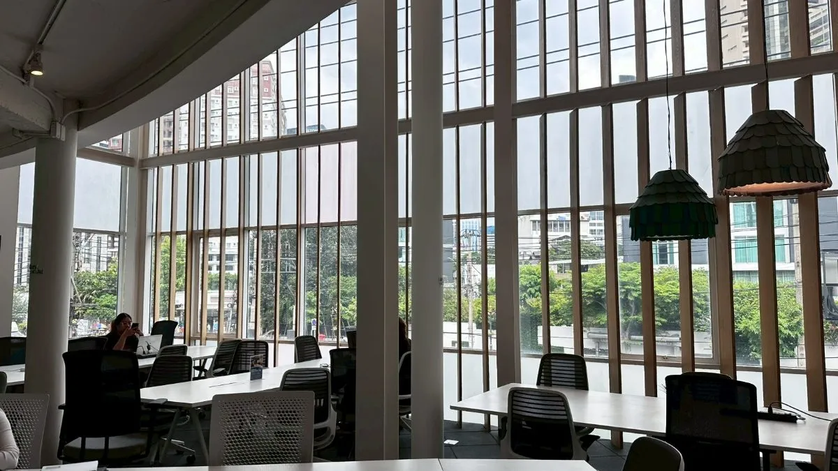 Sunlit coworking floor with floor-to-ceiling windows